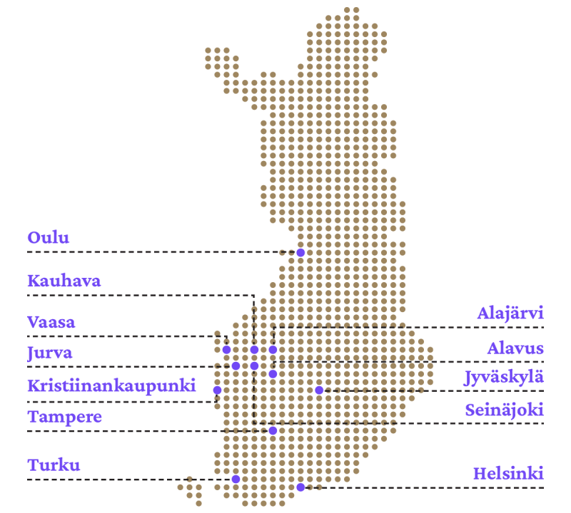 Ilkka-konsernin toimipisteet merkittynä Suomen karttaan.